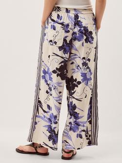 Monsoon Nicolette Floral Linen Blend Wide Leg Trousers, Blue - view 2, Blue