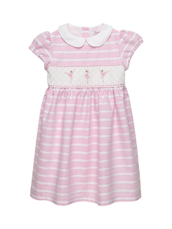 Trotters Kids' Smock Embroidered Ballerina Dress, Pink/White, Pink/White