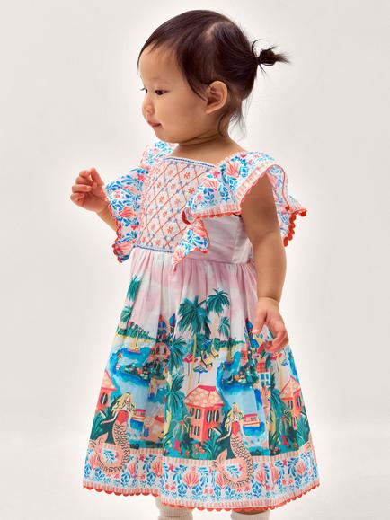 Monsoon Baby Resort Frill Sleeve Dress, Ivory/Multi, Ivory/Multi