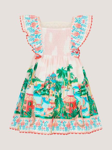 Monsoon Baby Resort Frill Sleeve Dress, Ivory/Multi - view 2, Ivory/Multi