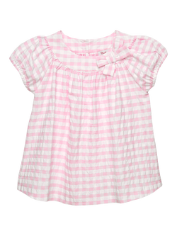 Trotters Kids' Puff Sleeve Gingham Top, Pink/White, Pink/White