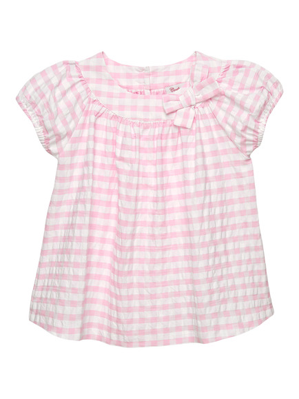Trotters Kids' Puff Sleeve Gingham Top, Pink/White, Pink/White