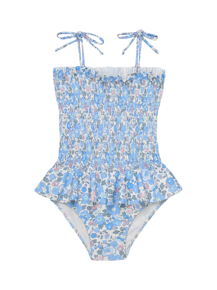 Trotters Kids' Liberty Betsy Print Ruched Swimsuit, Blue/Multi, Blue/Multi