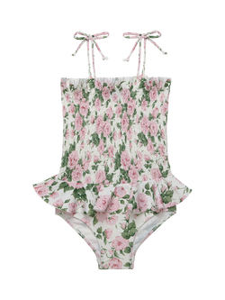 Trotters Kids' Liberty Carline Print Ruched Swimsuit, Pink/Multi, Pink/Multi