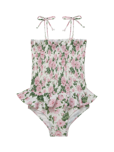 Trotters Kids' Liberty Carline Print Ruched Swimsuit, Pink/Multi, Pink/Multi