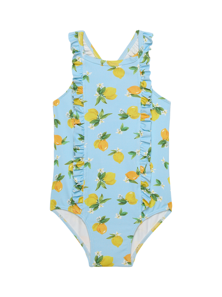 Trotters Kids' Lemon Frill Swimsuit, Aqua/Lemon, Aqua/Lemon