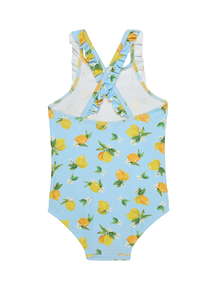 Trotters Kids' Lemon Frill Swimsuit, Aqua/Lemon - view 2, Aqua/Lemon