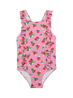 Trotters Kids' Strawberry Print Ruffle Swimsuit, Pink/Multi, Pink/Multi