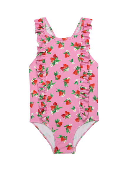 Trotters Kids' Strawberry Print Ruffle Swimsuit, Pink/Multi, Pink/Multi