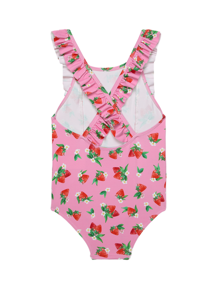Trotters Kids' Strawberry Print Ruffle Swimsuit, Pink/Multi - view 2, Pink/Multi