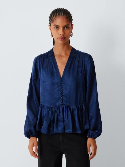 AND/OR Jacquard Peplum V-Neck Blouse, Inky Blue, Inky Blue