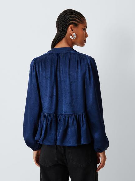 AND/OR Jacquard Peplum V-Neck Blouse, Inky Blue - view 2, Inky Blue