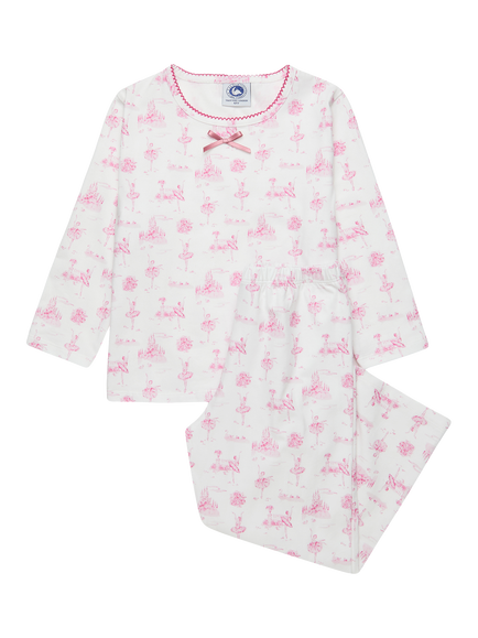 Trotters Kids' Ballerina Toile Jersey Pyjamas, White/Pink, White/Pink