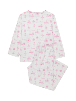 Trotters Kids' Ballerina Toile Jersey Pyjamas, White/Pink - view 2, White/Pink