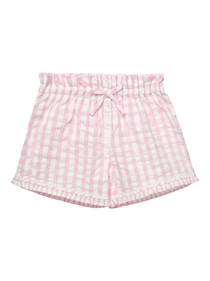 Trotters Kids' Gingham Frill Hem Shorts, Pink/White, Pink/White