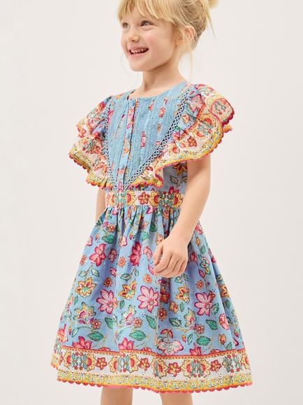 Monsoon Kids' Adara Floral Broderie Dress, Blue, Blue