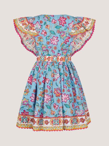 Monsoon Kids' Adara Floral Broderie Dress, Blue - view 2, Blue
