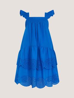Monsoon Kids' Frill Strap Broderie Cotton Dress, Cobalt, Cobalt