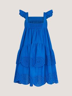 Monsoon Kids' Frill Strap Broderie Cotton Dress, Cobalt - view 2, Cobalt