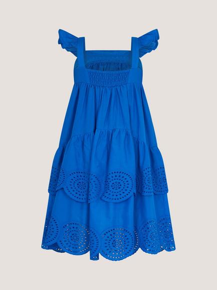 Monsoon Kids' Frill Strap Broderie Cotton Dress, Cobalt - view 2, Cobalt