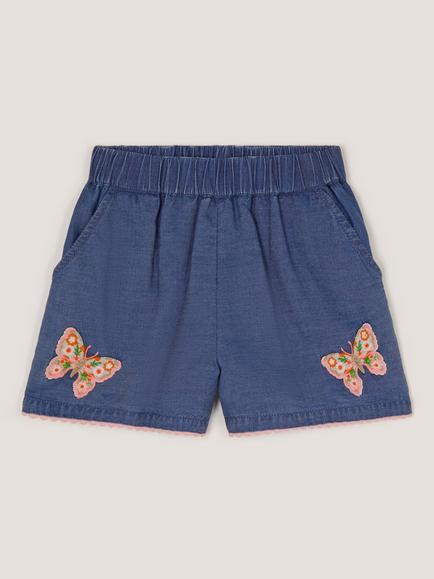 Monsoon Kids' Butterfly Embroidered Shorts containing TENCEL™ Lyocell, Blue - view 2, Blue