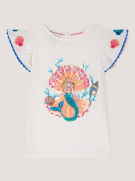 Monsoon Kids' Short Sleeve Embellished Mermaid T-Shirt, Ivory, Ivory