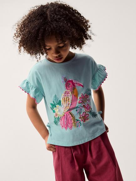 Monsoon Kids' Tina Sequin Toucan T-Shirt, Green, Green