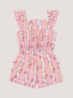 Monsoon Kids' Scallop Trim Floral Stripe Playsuit, Pink, Pink