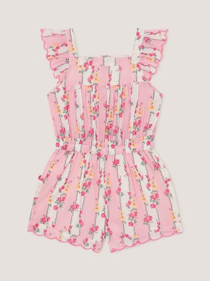 Monsoon Kids' Scallop Trim Floral Stripe Playsuit, Pink, Pink