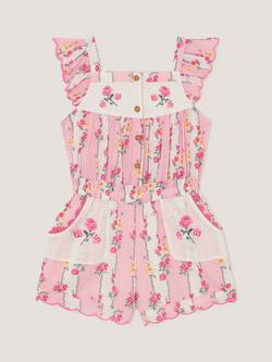 Monsoon Kids' Scallop Trim Floral Stripe Playsuit, Pink - view 2, Pink