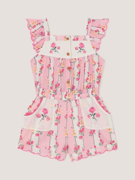 Monsoon Kids' Scallop Trim Floral Stripe Playsuit, Pink - view 2, Pink