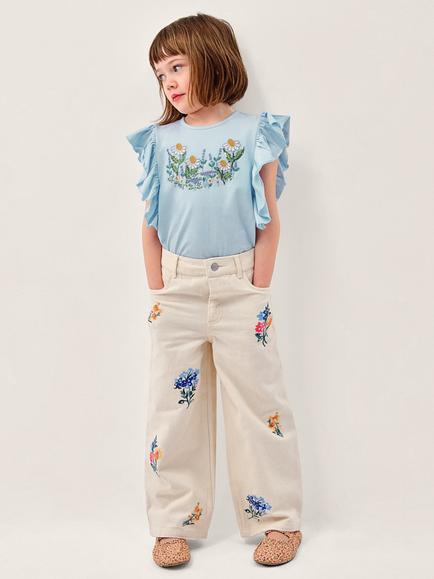 Monsoon Kids' Floral Sequinned Wide Leg Jeans, Ivory, Ivory