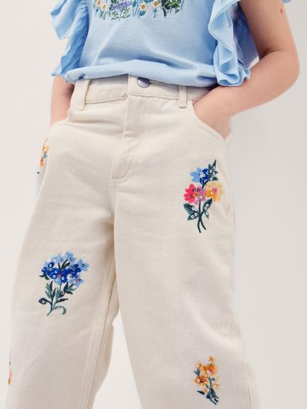 Monsoon Kids' Floral Sequinned Wide Leg Jeans, Ivory - view 2, Ivory