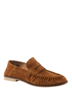 Jones Bootmaker Petunia Suede Flared Heel Penny Loafers, Cognac - view 2, Cognac