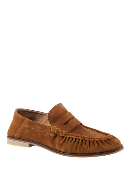 Jones Bootmaker Petunia Suede Flared Heel Penny Loafers, Cognac - view 2, Cognac