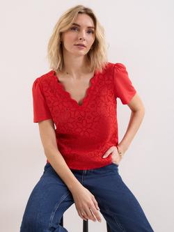 Phase Eight Freya Floral Broderie Cotton T-Shirt, Red, Red