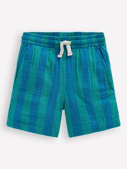 Mini Boden Kids' Cotton Stripe Double Cloth Shorts, Green Blue Stripe, Green Blue Stripe