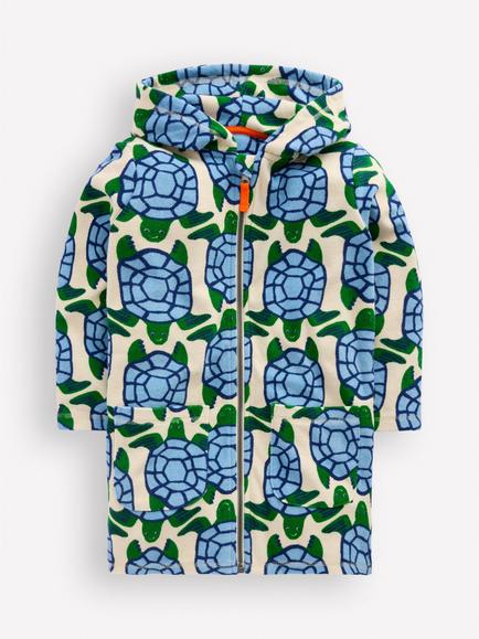 Mini Boden Kids' Romie Towelling Hoodie, Calico White Turtles, Calico White Turtles