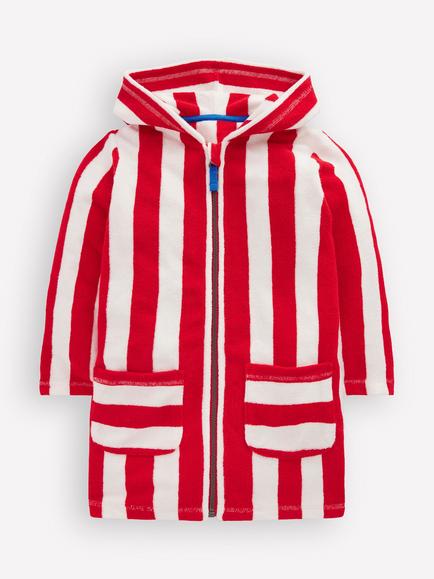 Mini Boden Kids' Zip Up Towelling Robe, Red Stripe, Red Stripe