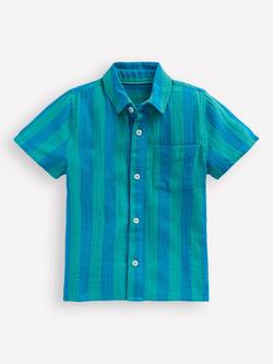 Mini Boden Kids' Cotton Stripe Double Cloth Shirt, Green Blue Stripe, Green Blue Stripe