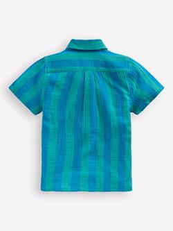 Mini Boden Kids' Cotton Stripe Double Cloth Shirt, Green Blue Stripe - view 2, Green Blue Stripe