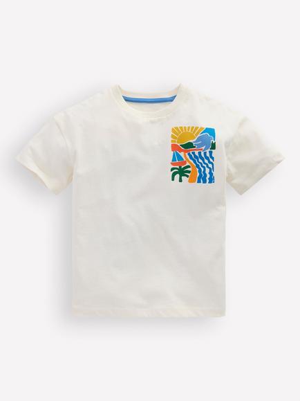 Mini Boden Kids' Cotton Front & Back Graphic T-Shirt, Coconut Sun Scape, Coconut Sun Scape