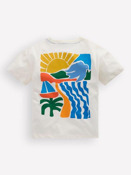 Mini Boden Kids' Cotton Front & Back Graphic T-Shirt, Coconut Sun Scape - view 2, Coconut Sun Scape