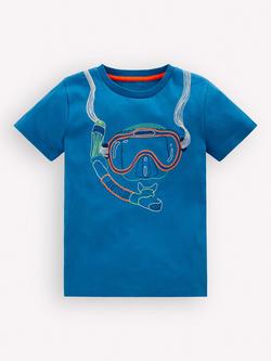 Mini Boden Kids' Cotton Linear Stitch T-Shirt, Blue Snorkel, Blue Snorkel