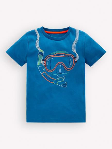Mini Boden Kids' Cotton Linear Stitch T-Shirt, Blue Snorkel, Blue Snorkel