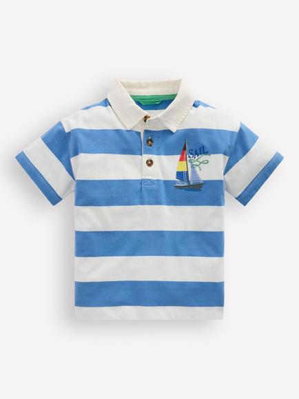 Mini Boden Kids' Cotton Relaxed Fit Applique Polo Shirt, Silver Sail Boats, Silver Sail Boats