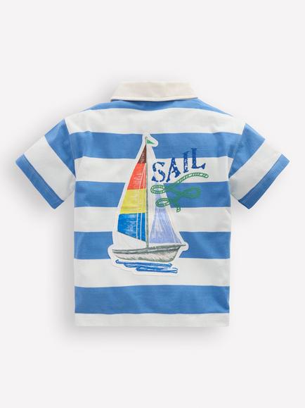 Mini Boden Kids' Cotton Relaxed Fit Applique Polo Shirt, Silver Sail Boats - view 2, Silver Sail Boats
