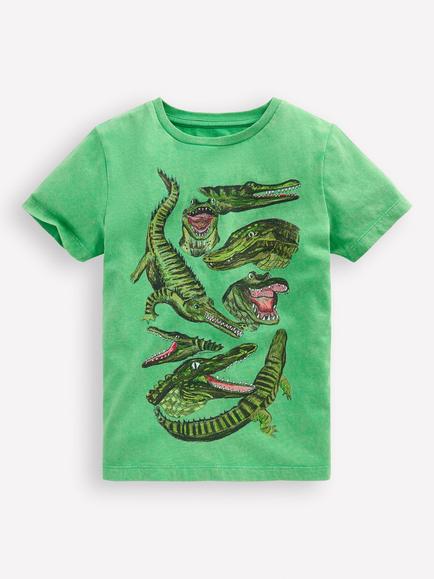 Mini Boden Kids' Cotton Vintage Wash T-Shirt, Aloe Green Crocs, Aloe Green Crocs