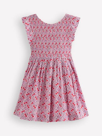 Mini Boden Kids' Bow Back Flutter Dress, Pink Cherries, Pink Cherries