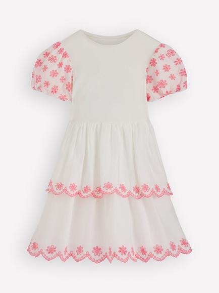 Mini Boden Kids' Cotton Broderie Tiered Dress, Ivory/Salmon Pink, Ivory/Salmon Pink